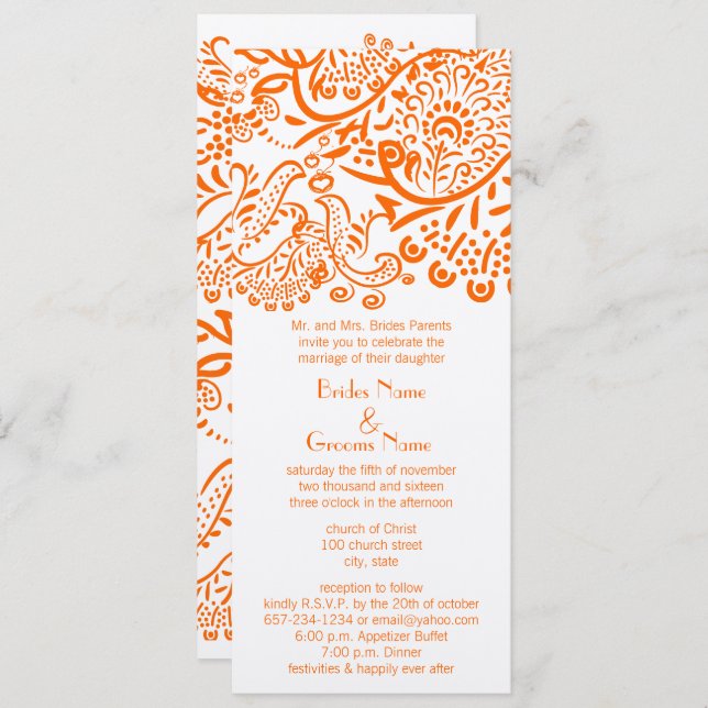 Naranja Amor Aves Invitación a la Boda (Anverso / Reverso)