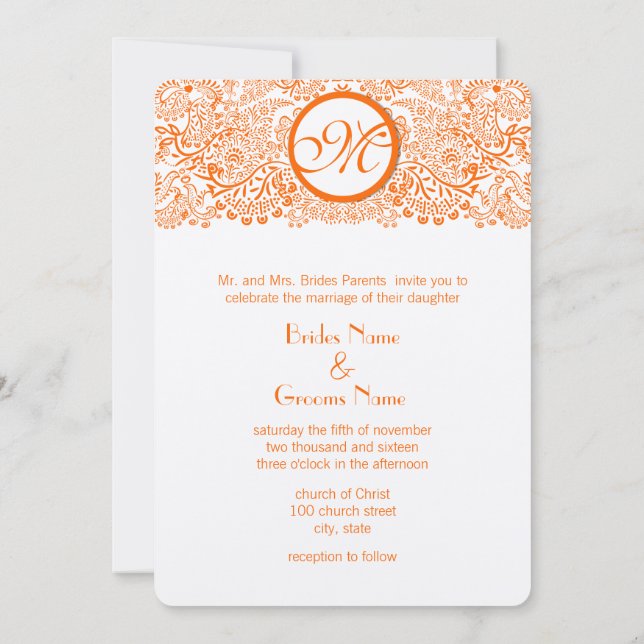 Naranja Amor Aves Invitación a la boda Banda delga (Reverso)