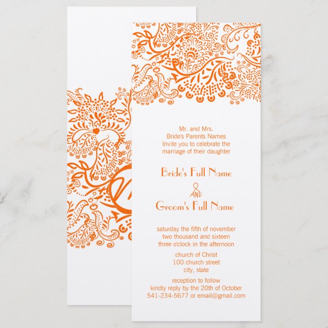 Naranja Amor Patrón de encaje de pájaro Invitación (Anverso / Reverso)