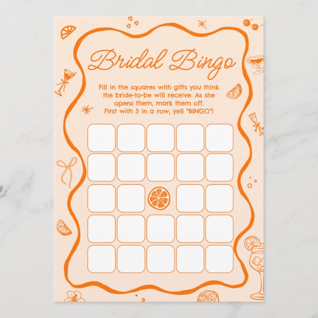 Naranja Aperol Spritz Bridal Shower Bingo Tarjeta  (Anverso)