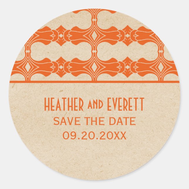Naranja Art Deco Border Save the Date Pegatinas (Anverso)