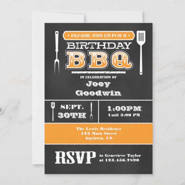 Naranja BBQ Cumpleaños Invitación a Chalkboard (Anverso)