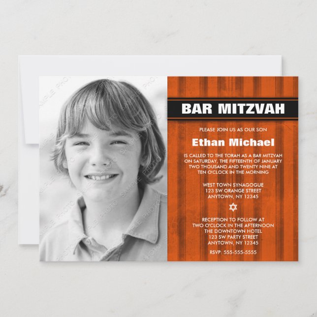 Naranja Black Stripes Photo Bar Invitaciones Mitzv (Anverso)