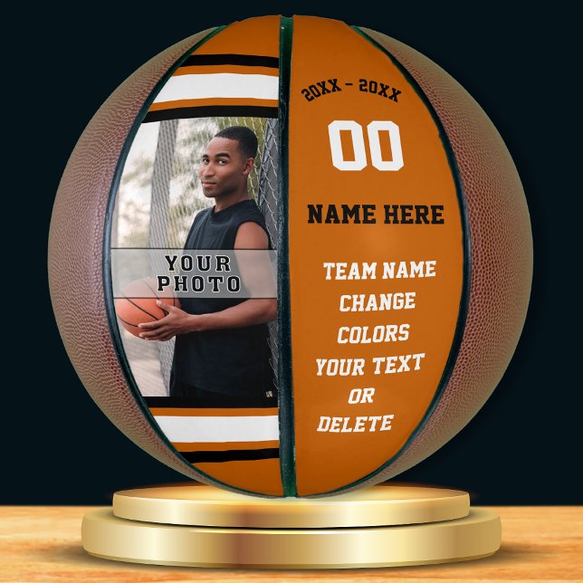 Naranja, blanco, foto negra personalizada de balon (Senior basketball player gift ideas. Personalised, Photo Basketball. Black, White, Orange Basketball)