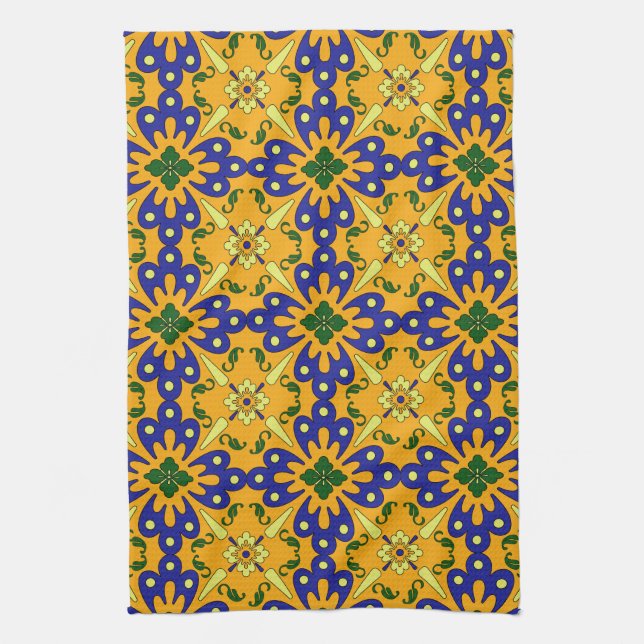 Naranja Blue Yellow Spanish Tile Kitchen Toalla (Vertical)