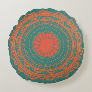 Naranja bohemio y almohada redonda verde azulada