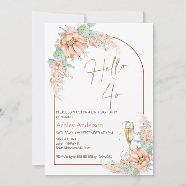 Naranja Boho Cactus 40.ª invitación a la fiesta de (Anverso)