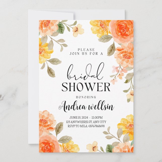 Naranja boho floral novia ducha invitación (Anverso)