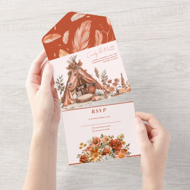 Naranja Boho Flores Todo En Una Invitación De Boda (desgarro)