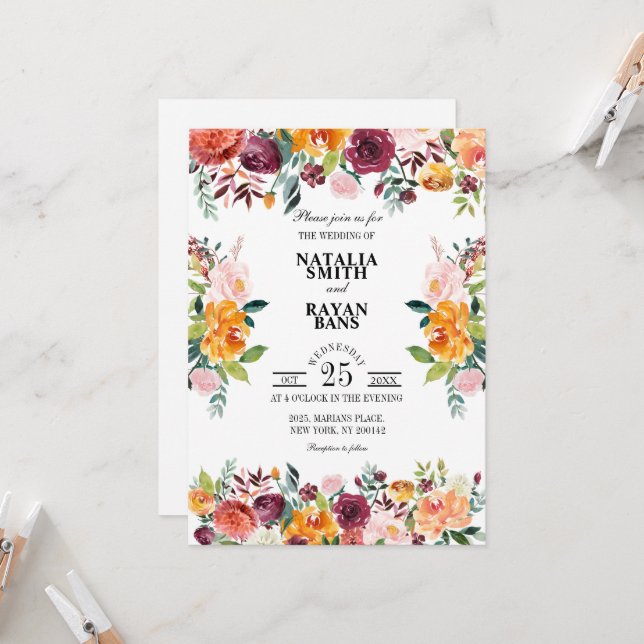 Naranja Borgoña Crush Floral puro tarjeta de boda (Anverso/Reverso In Situ)