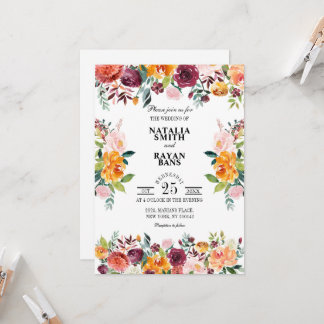 Naranja Borgoña Crush Floral puro tarjeta de boda