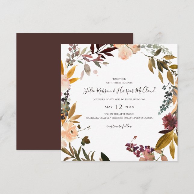 Naranja Borgoña Floral | Invitación a la boda cuad (Anverso / Reverso)