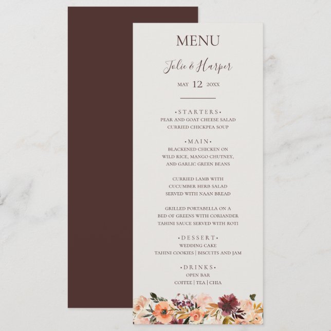 Naranja Borgoña Floral | Menú de cena Boda beige (Anverso / Reverso)