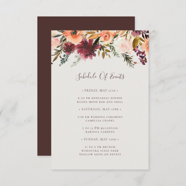 Naranja Borgoña Floral | Programa Beige de eventos (Anverso / Reverso)