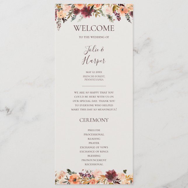 Naranja Borgoña Floral | Programa de Bodas Beige (Anverso)