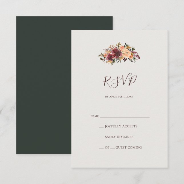 Naranja Borgoña Floral | Tarjeta RSVP verde (Anverso / Reverso)