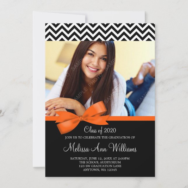 Naranja Bow Chevron Foto Graduación Invitación (Anverso)