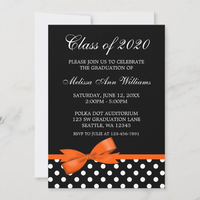 Naranja Bow Polka puntos Invitación de graduación (Anverso)