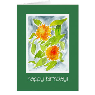 Naranja brillante acuarela Pot Marigolds Cumpleaño