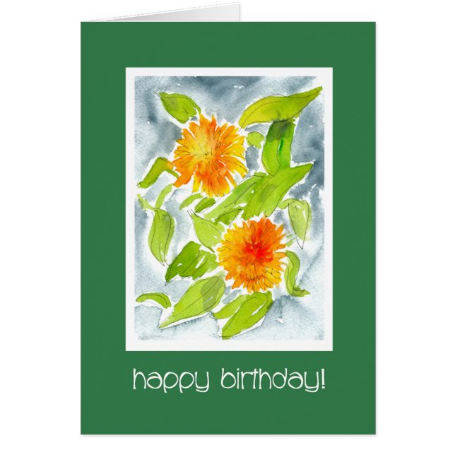 Naranja brillante acuarela Pot Marigolds Cumpleaño (Frente)