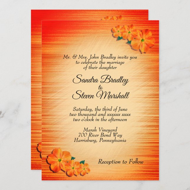 Naranja brillante flores rusticas invitación a la  (Anverso / Reverso)