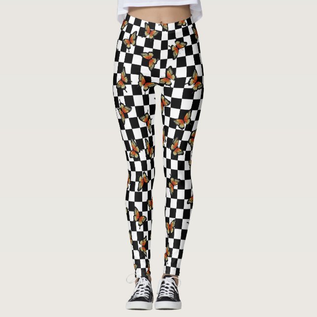 Naranja Butterflies Checkered Spandex Leggings (Anverso)