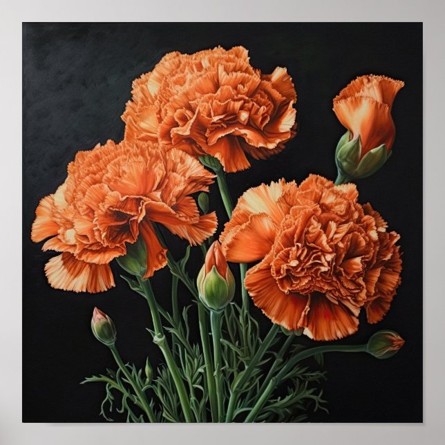 Naranja Carnations Poster de impresión de arte flo (Frente)