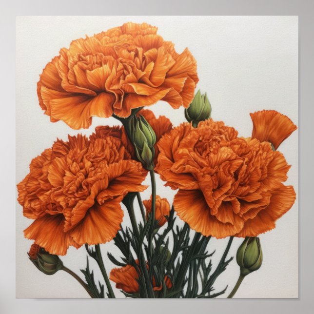 Naranja Carnations Poster de impresión de arte flo (Frente)