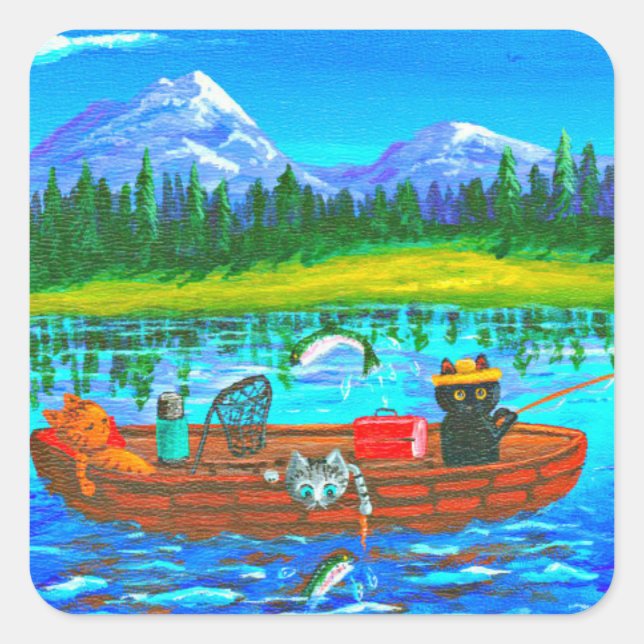 Naranja Cat Fishing Creationarts Pegatina cuadrado (Anverso)