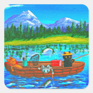 Naranja Cat Fishing Creationarts Pegatina cuadrado