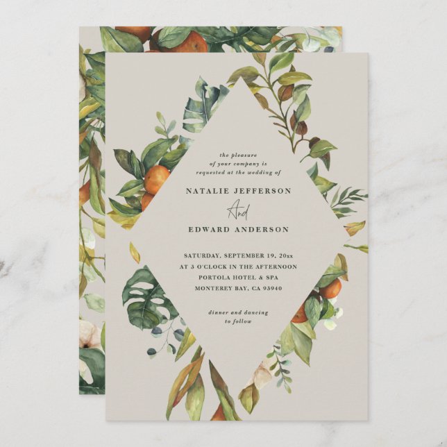 Naranja cítrico acuarela boda botánico (Anverso / Reverso)