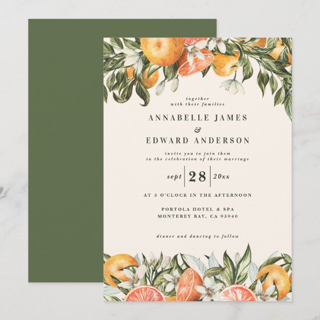 Naranja cítrico acuarela boda botánico moderno (Anverso / Reverso)