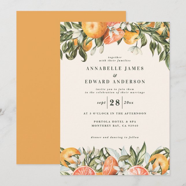 Naranja cítrico acuarela boda botánico moderno (Anverso / Reverso)