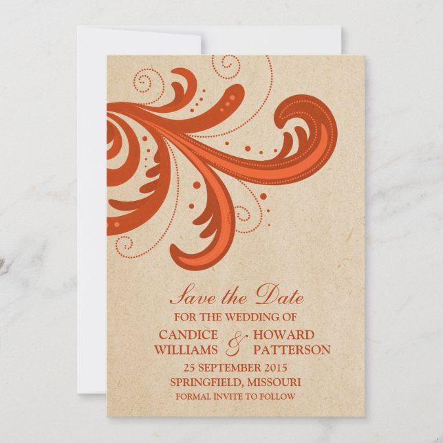 Naranja con estilo Swirls Guardar la invitación de (Anverso)
