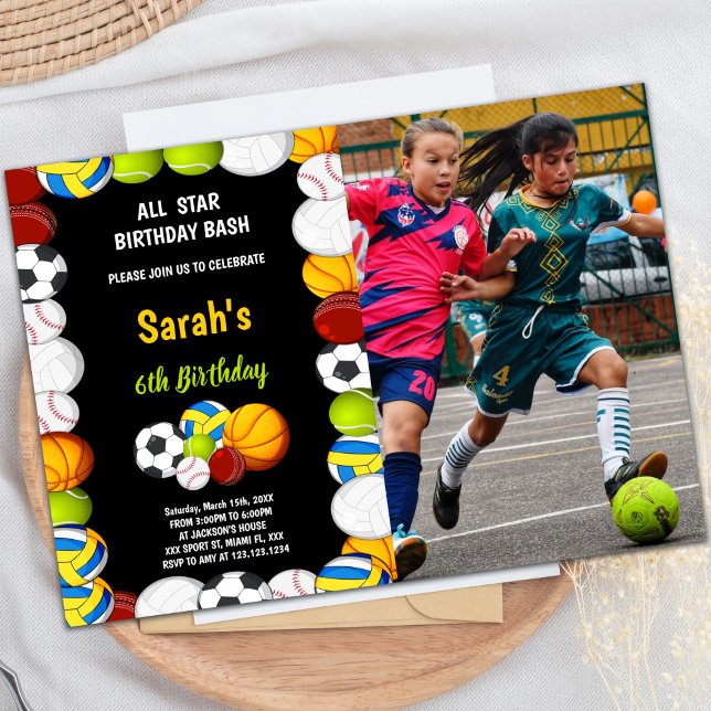 Naranja con foto de invitaciones de cumpleaños par (Orange with black Sports Birthday Invitations phot)