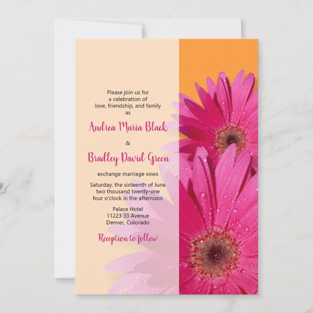 Naranja con invitación a la boda de Gerbera Rosa (Anverso)