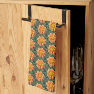 Naranja Dahlia Floral Pattern Kitchen Toalla