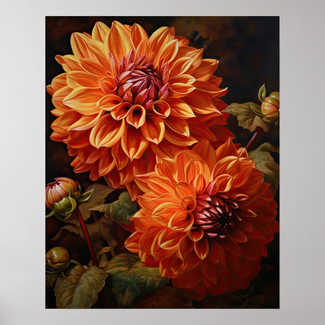 Naranja Dahlia Flores Poster de arte de impresión (Frente)