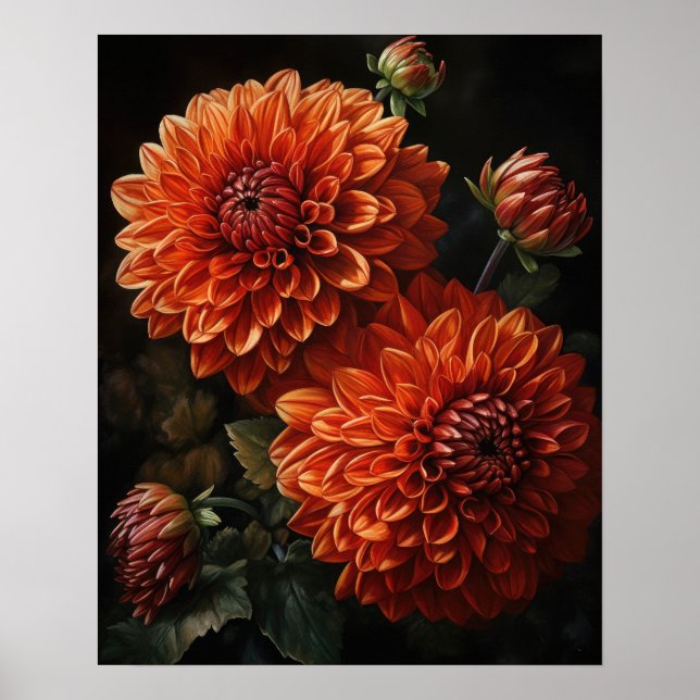 Naranja Dahlia Flores Poster de arte de impresión (Frente)