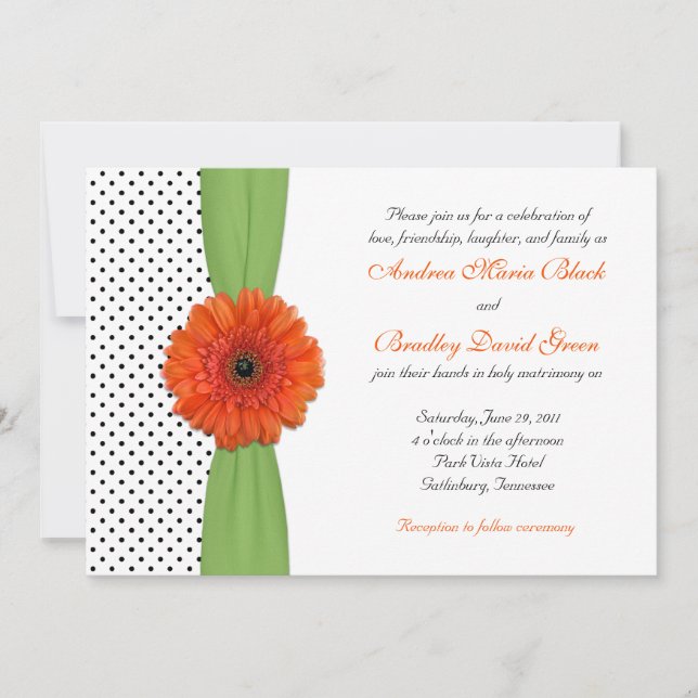 Naranja Daisy Green Polka Dot Wedding Invitación (Anverso)