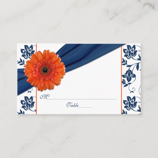 Naranja Daisy Navy Blue Floral Boda Tarjetas de pl (Anverso)