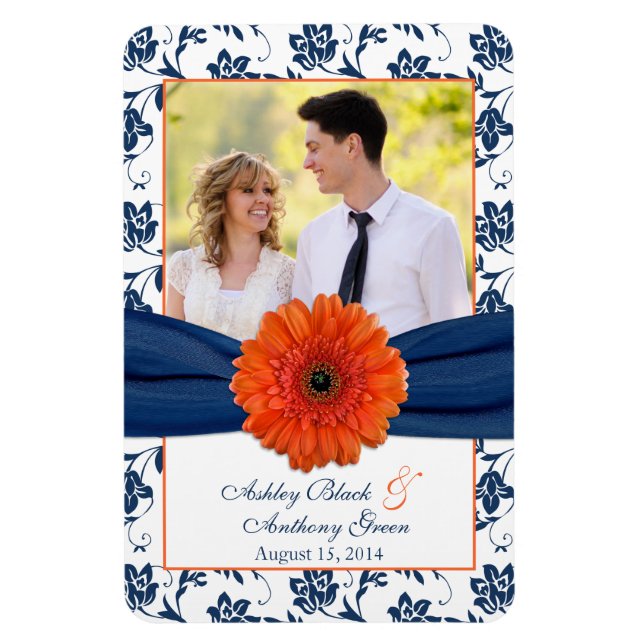 Naranja Daisy Navy Boda Floral Azul foto imán (Vertical)