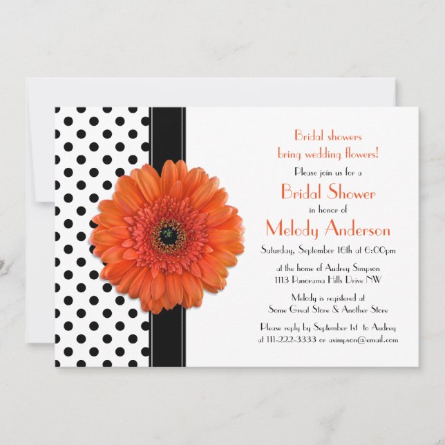 Naranja Daisy Polka Dot Bridal Shower Invitación (Anverso)