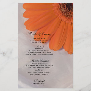 Naranja Daisy sobre el menú Boda satinado blanco