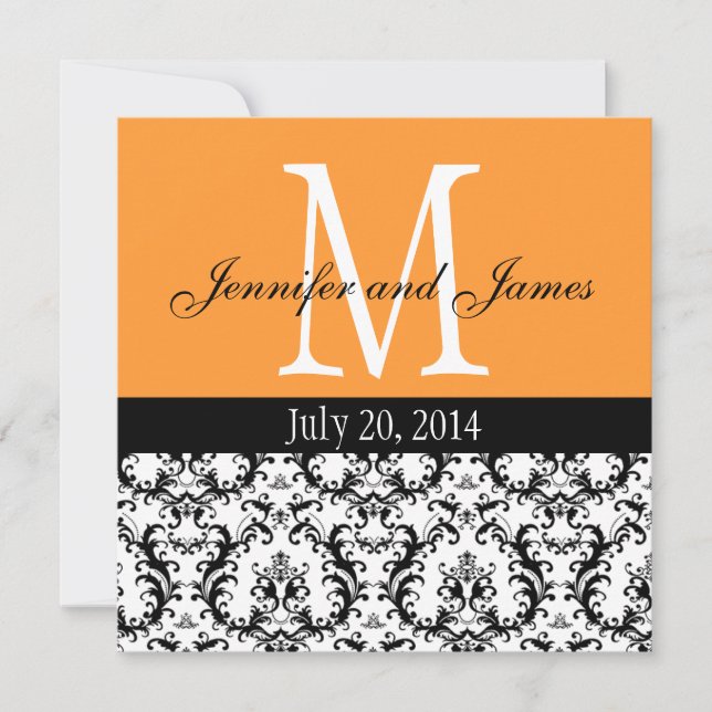 Naranja Damask Monograma Invitación a matrimonio (Anverso)