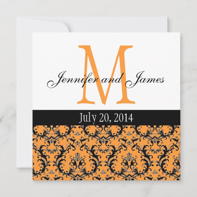 Naranja Damask Monograma Invitación a matrimonio 3 (Anverso)