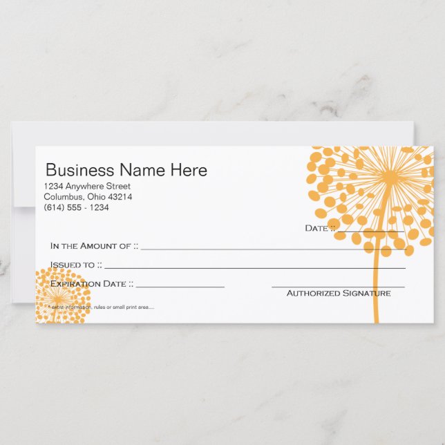 Naranja Dandelion Flower Gift Certificate Design 2 (Anverso)