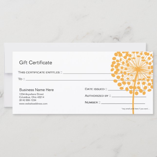 Naranja Dandelion Flower Gift Certificate Design 3 (Anverso)