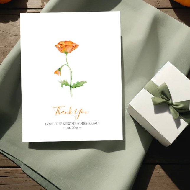 Naranja de acuarela Poppies Gracias Nota (Watercolor orange poppy thank you card by Victoria Grigaliunas of Do Tell A Belle.)