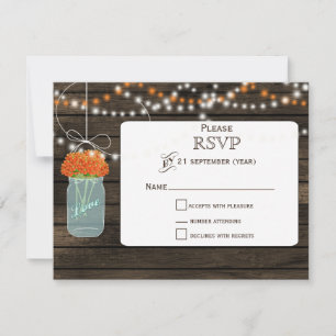Naranja de Barnwood flores masón jars boda RSVP